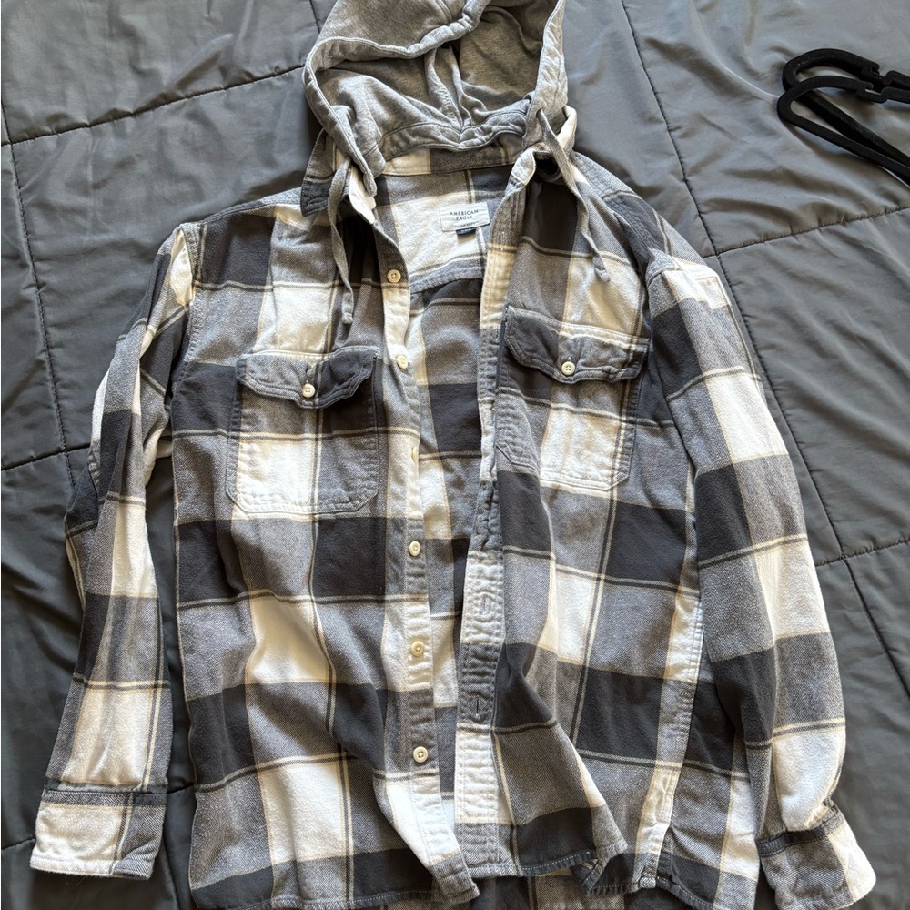 American Eagle Outfitters Gray and Cream Hooded Plaid Shirt